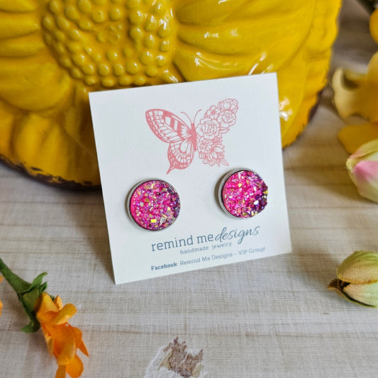 Pink Iridescent Druzy Stud Earrings