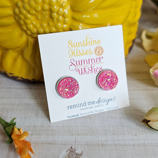 Pink Iridescent Druzy Stud Earrings