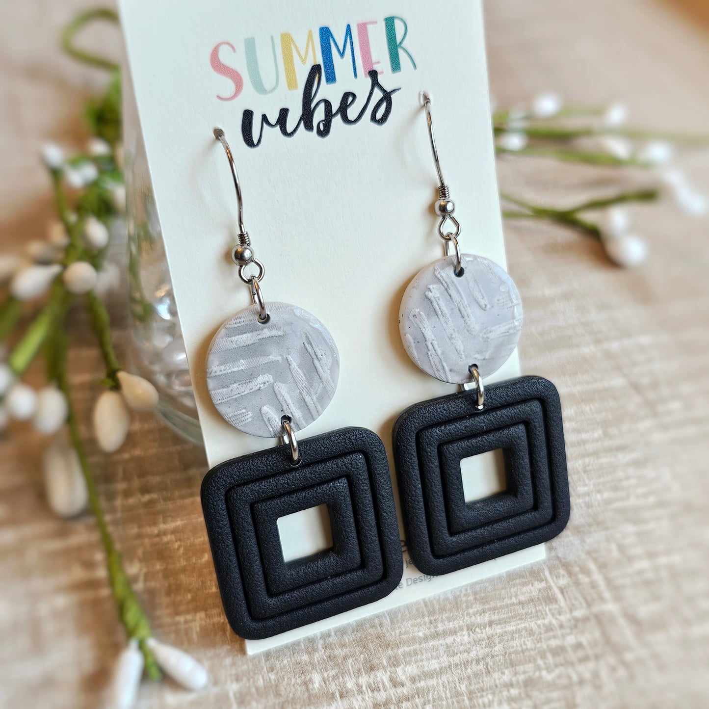 Gray and Black Clay Dangle Earrings