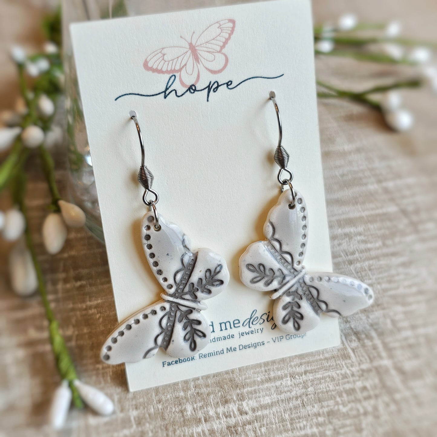 Gray Butterfly Clay Dangle Earrings