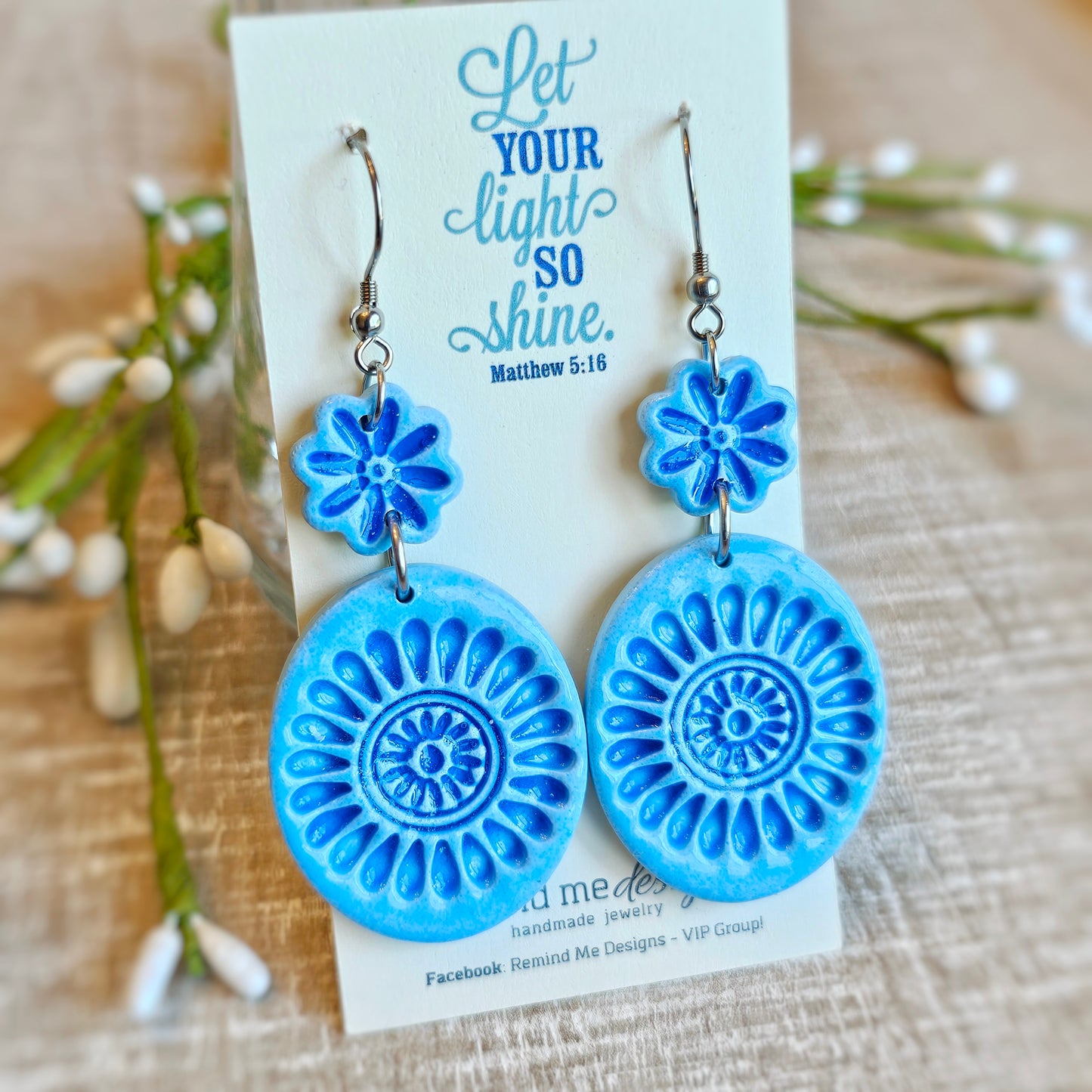 Blue Floral Clay Dangle Earrings