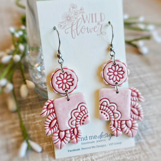 Pink Floral Clay Dangle Earrings