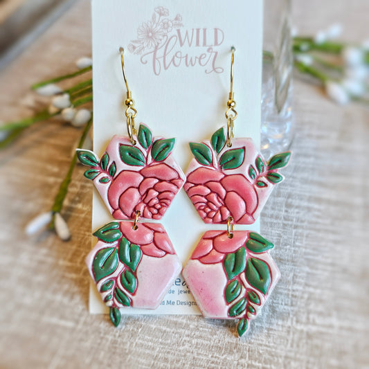 Pink Floral Clay Dangle Earrings
