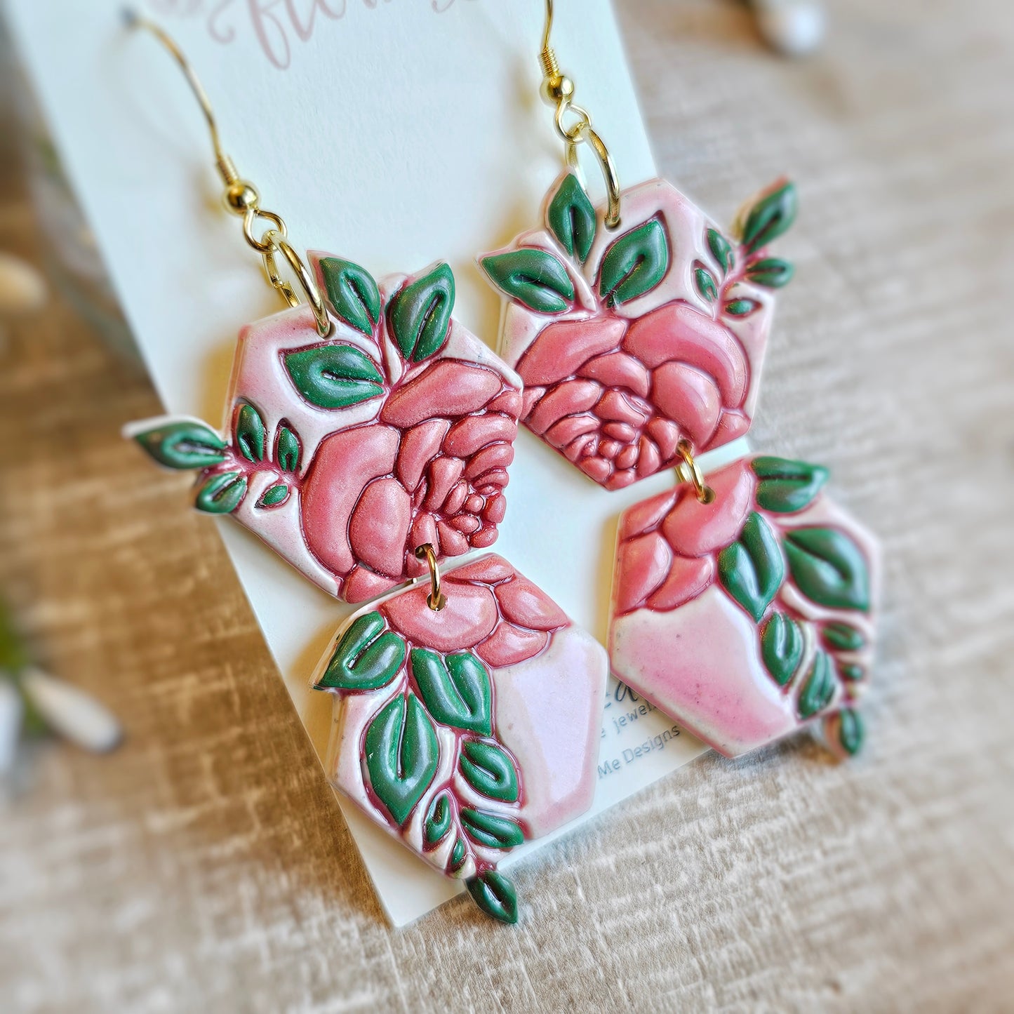 Pink Floral Clay Dangle Earrings