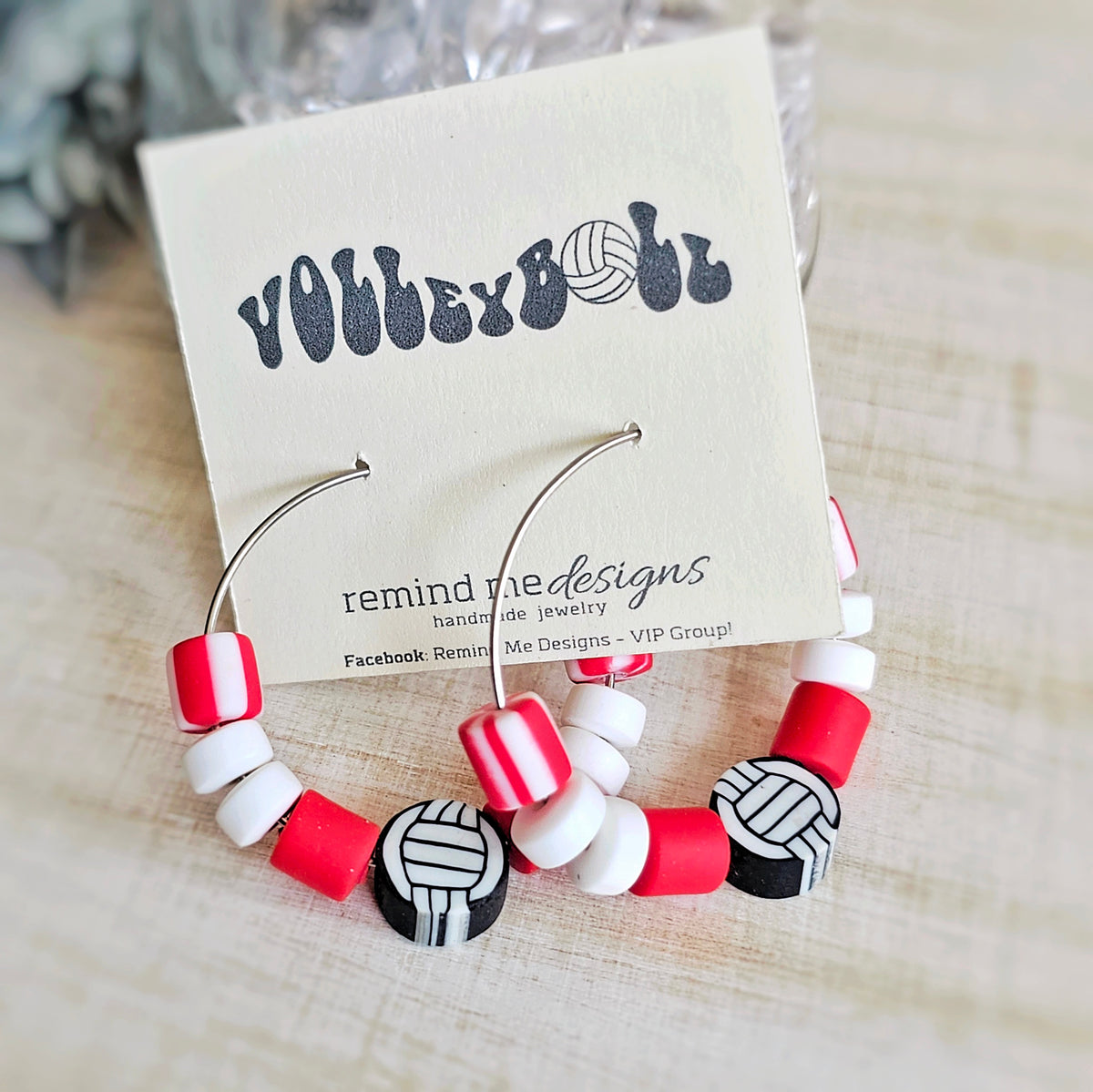 Volleyball Red and White Beaded Hoop Earrings