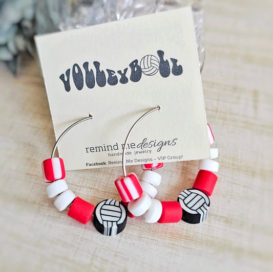 Volleyball Red and White Beaded Hoop Earrings