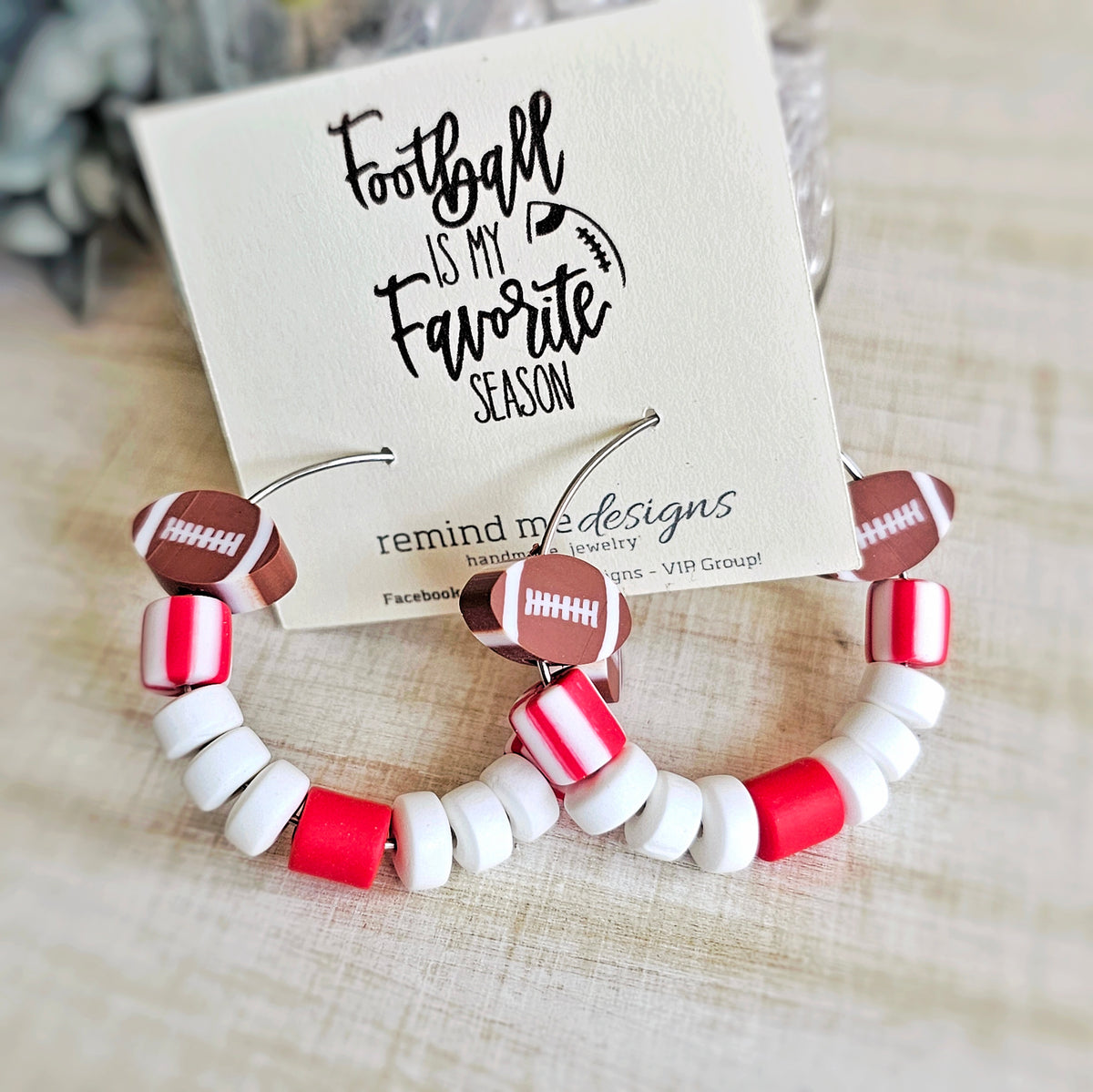 Football Red and White Beaded Hoop Earrings