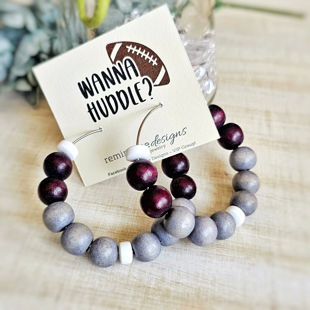 Burgandy Wooden Bead Hoop Earrings