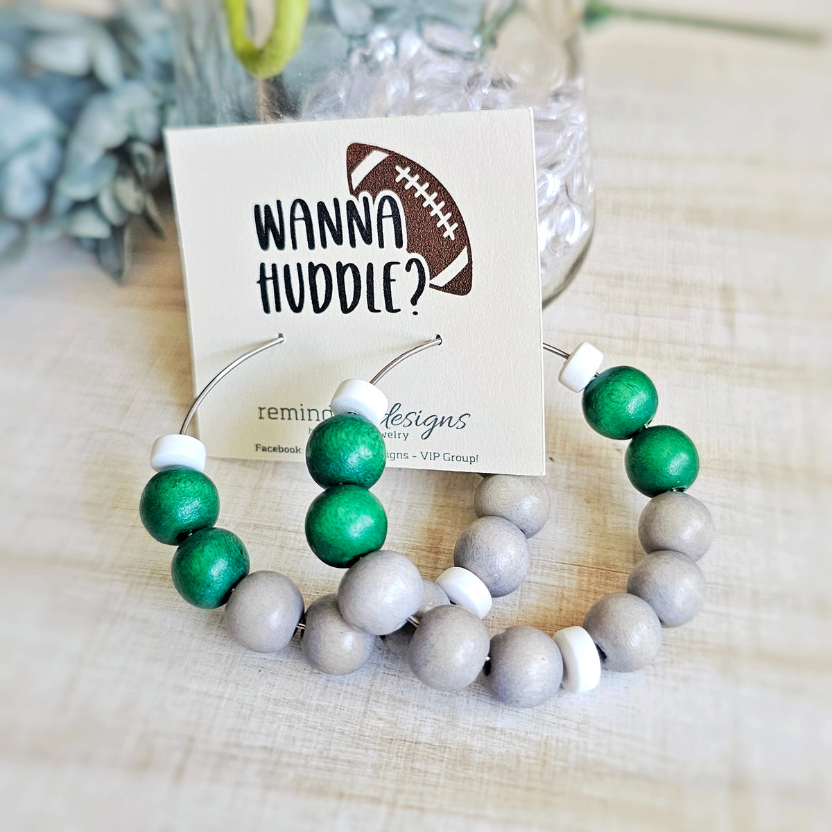 Green Wooden Bead Hoop Earrings