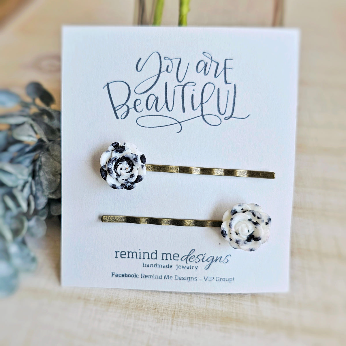 White and Black Floral Bobby Pins