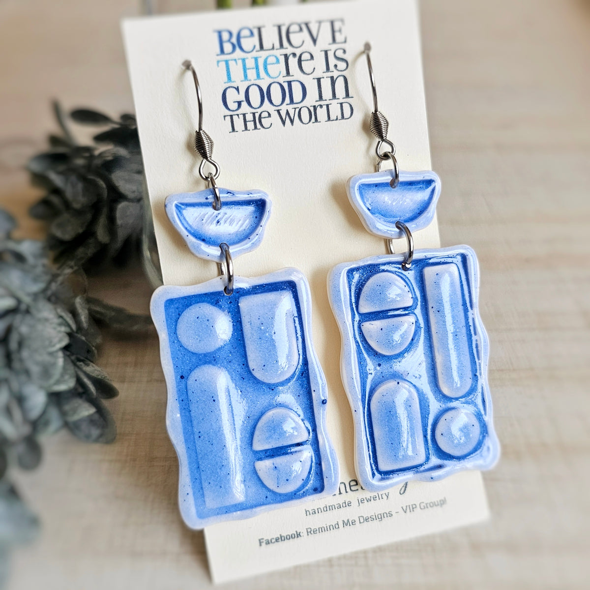 Blue and White Clay Dangle Earrings
