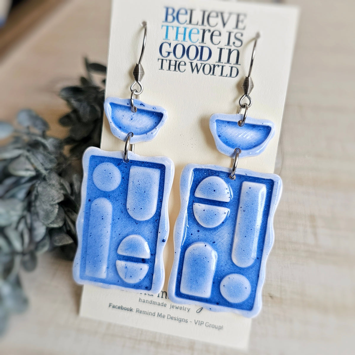 Blue and White Clay Dangle Earrings