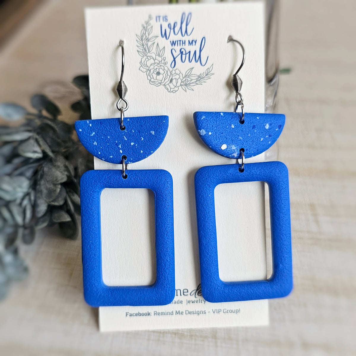 Blue Rectangle Clay Dangle Earrings