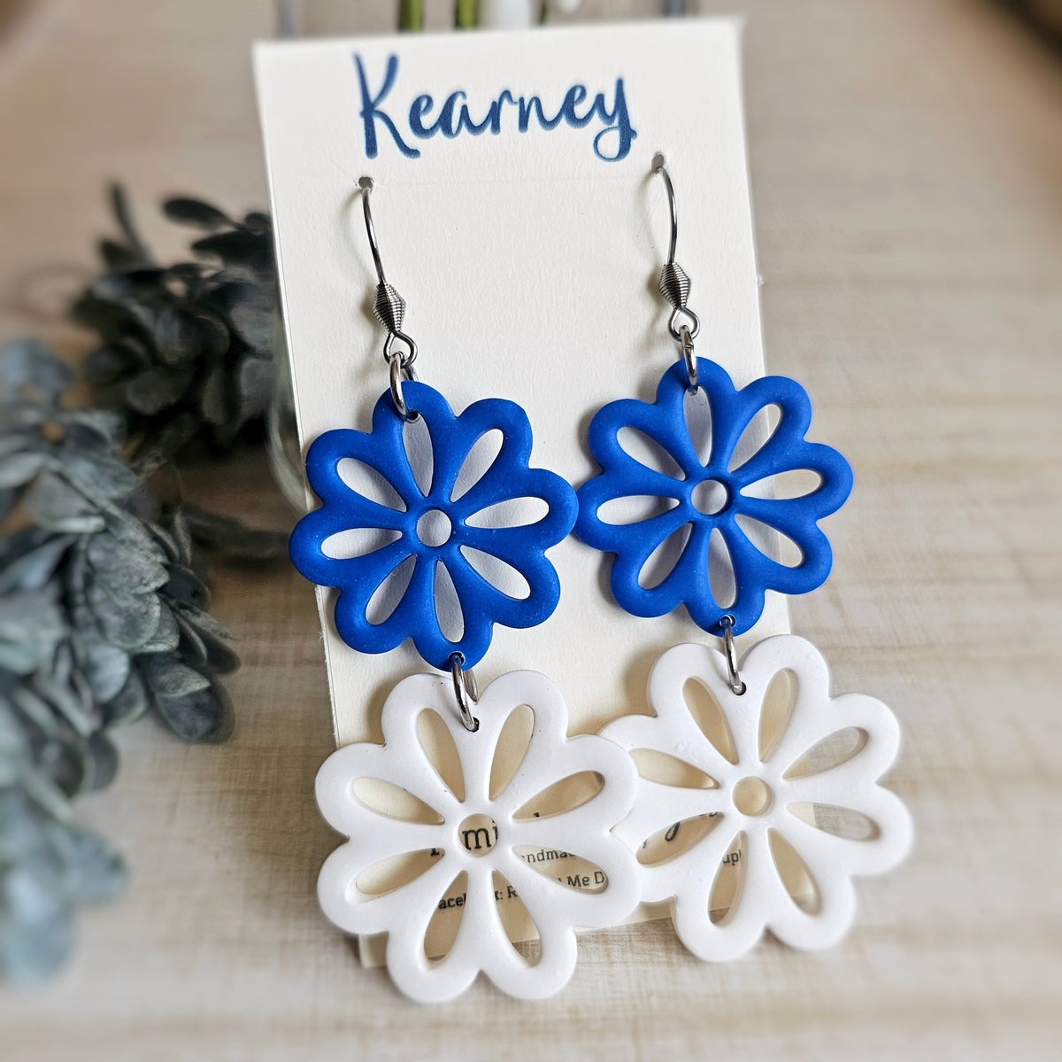 Blue and White Flower Clay Dangle Earrings