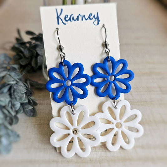 Blue and White Flower Clay Dangle Earrings