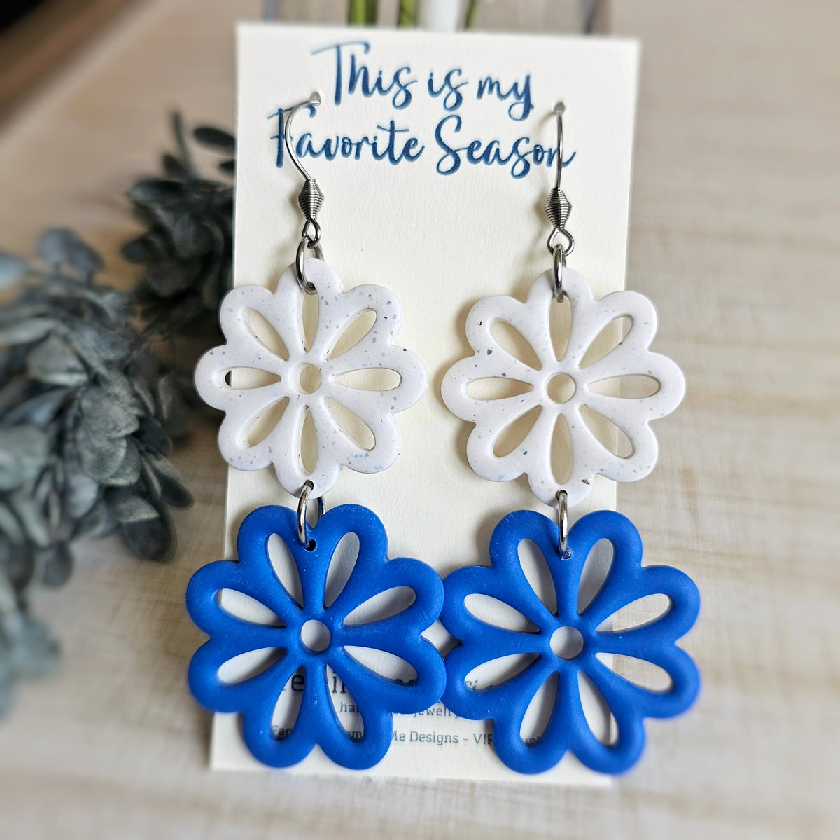 Blue and White Flower Clay Dangle Earrings