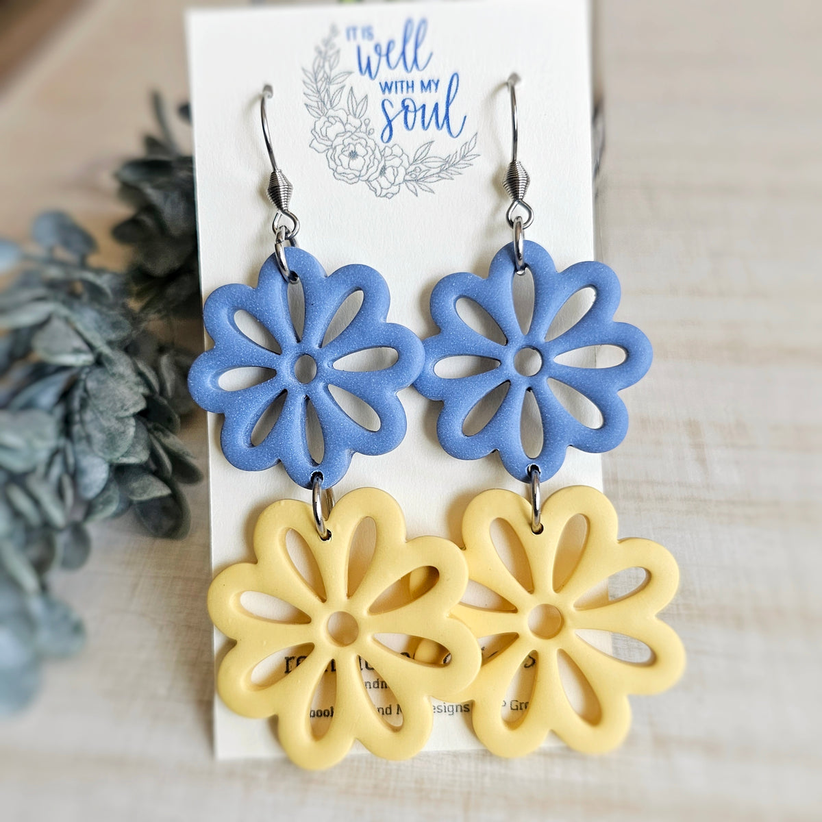 Yellow and Dusty Blue Flower Clay Dangle Earrings