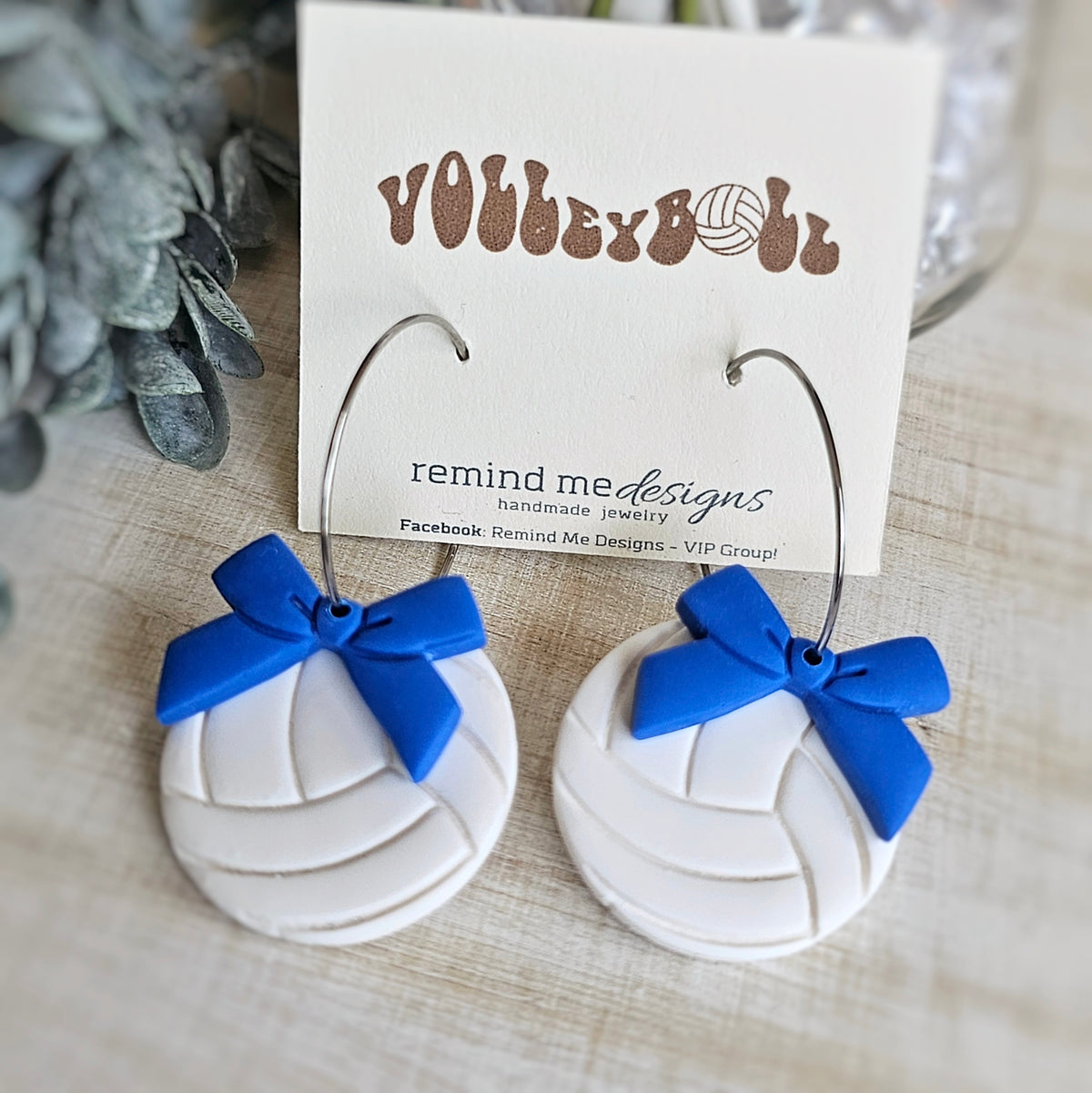 Volleyball with Blue Bows Clay Dangles