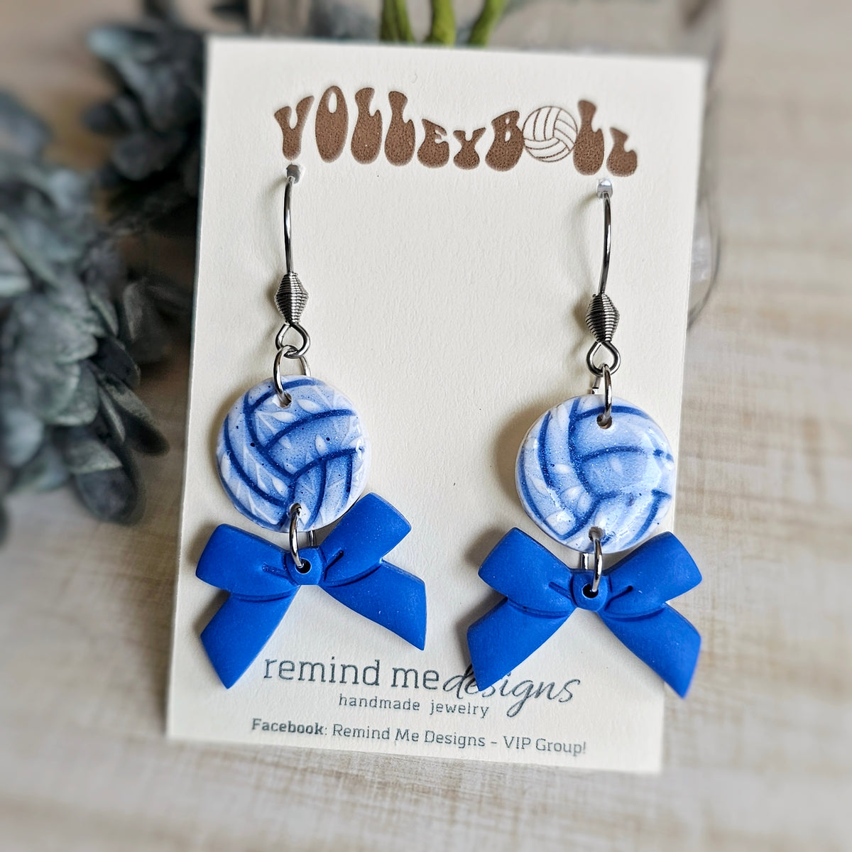 Volleyball with Blue Bows Clay Dangles