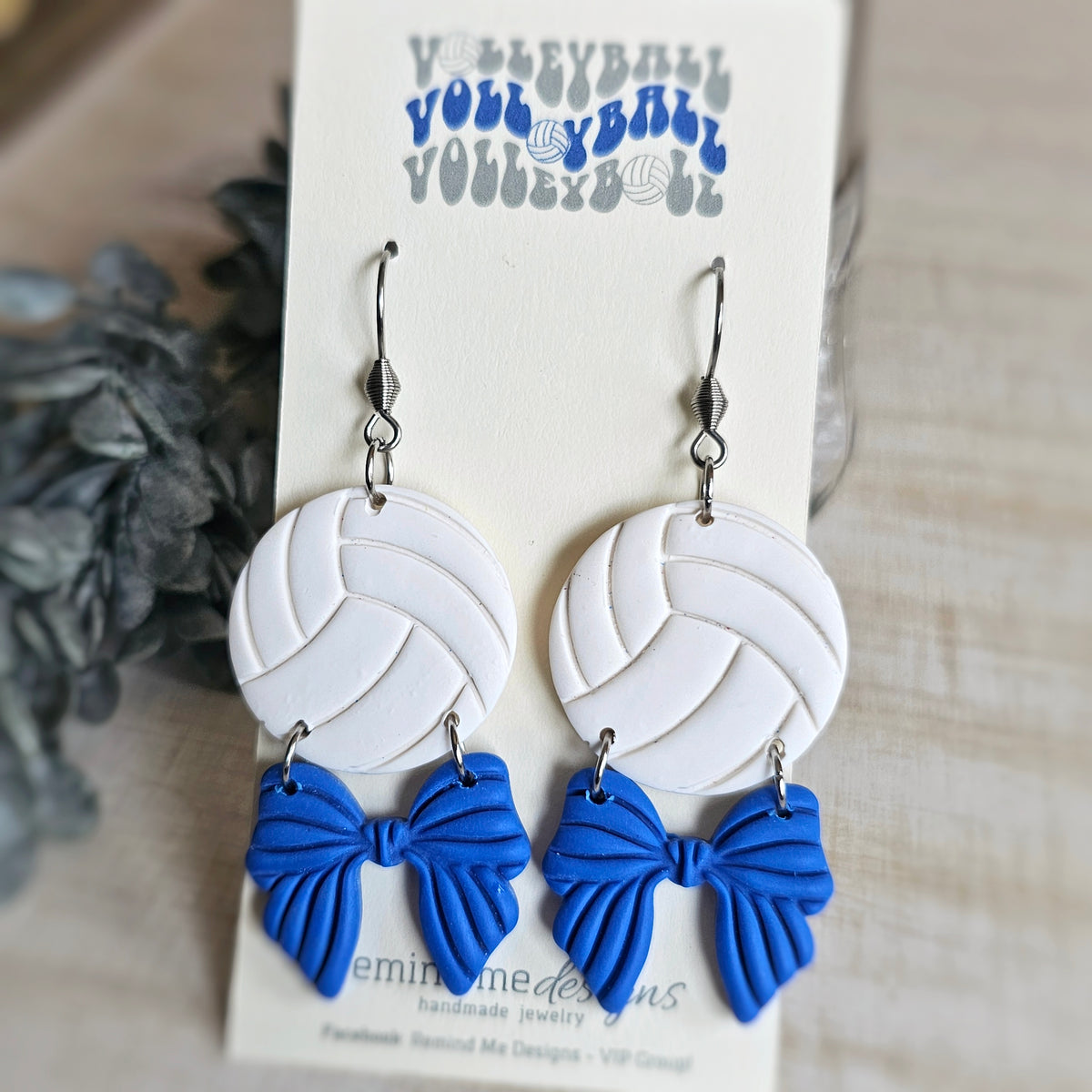 Volleyball with Blue Bows Clay Dangles