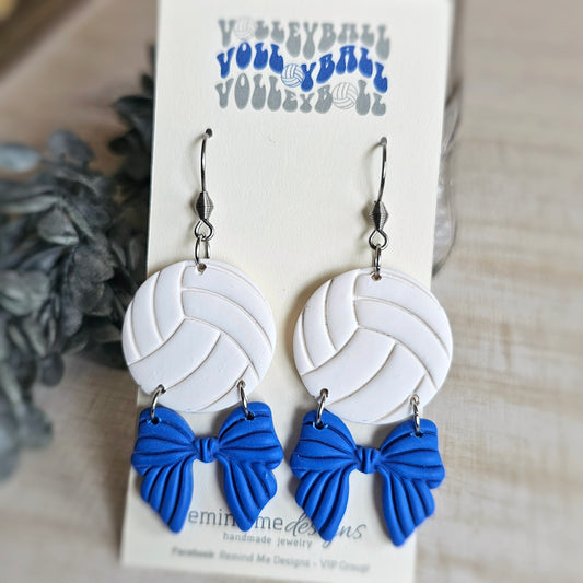 Volleyball with Blue Bows Clay Dangles