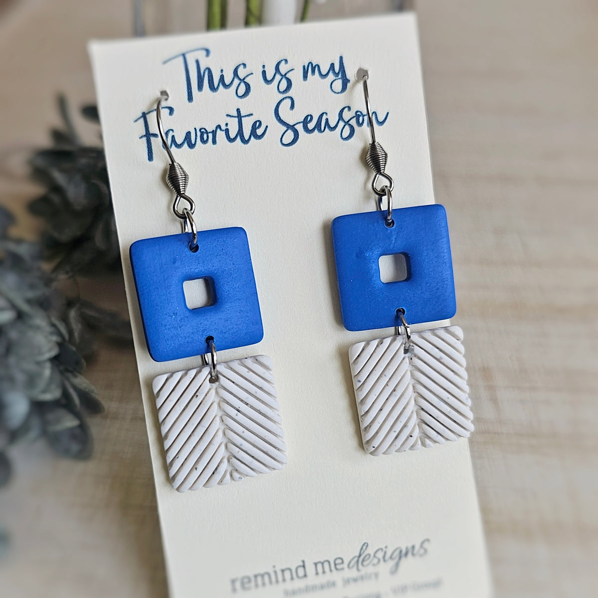 Blue and White Granite Clay Dangle Earrings