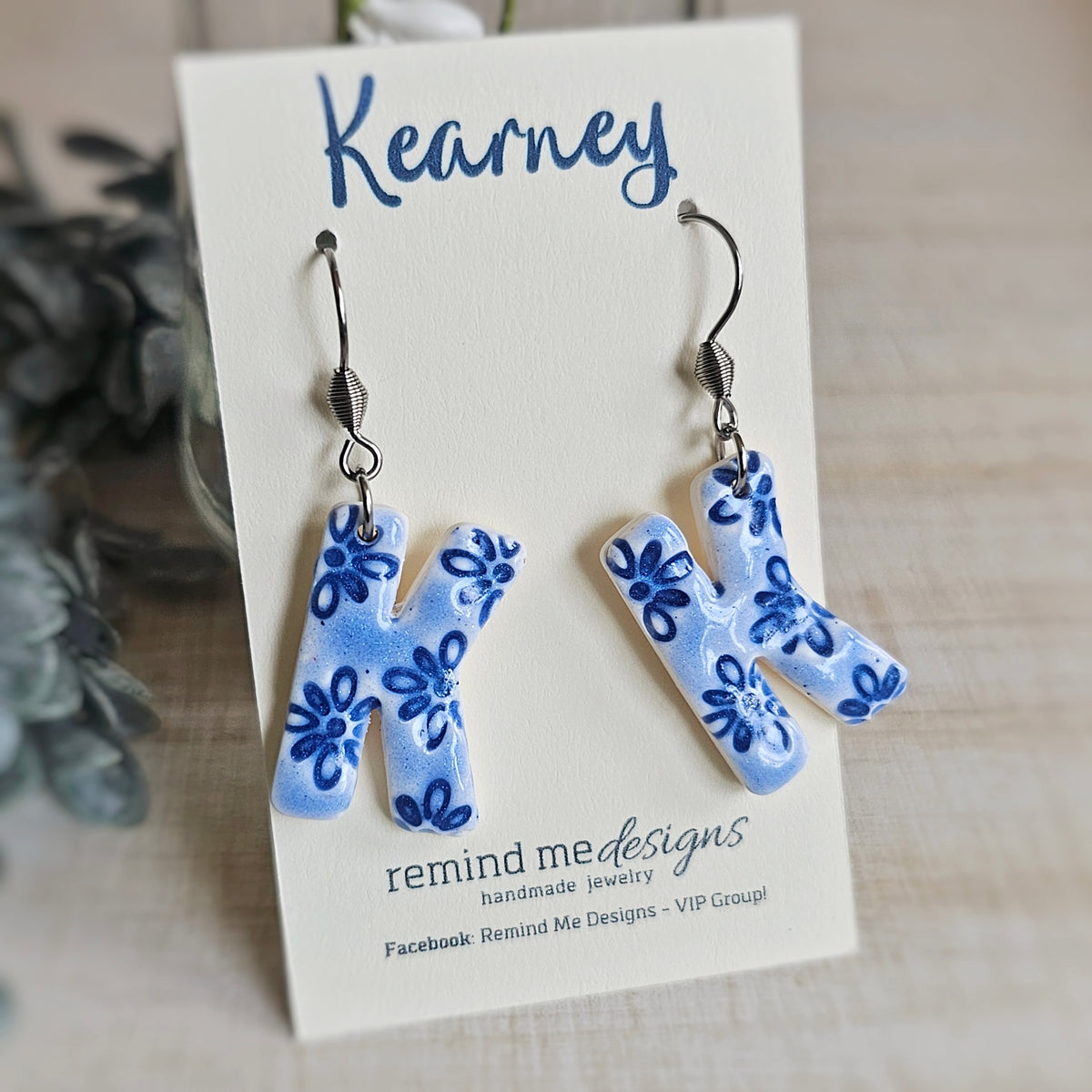 Blue Floral 'K' Kearney Clay Dangle Earrings