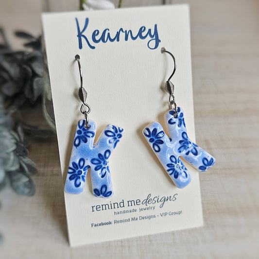 **MADE TO ORDER** Blue Floral 'K' Kearney Clay Dangle EarringS