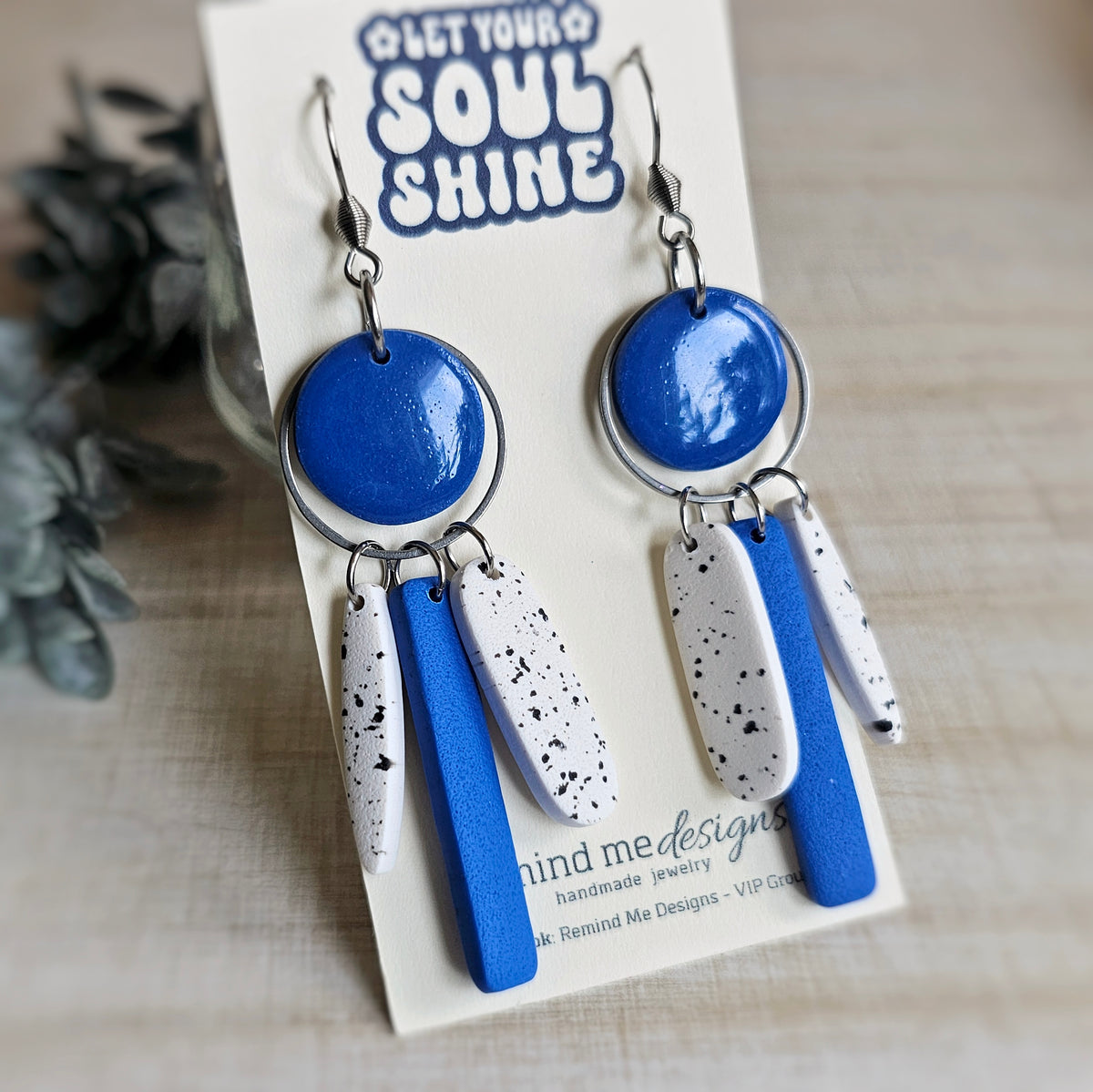 Blue and White Clay Dangle Earrings