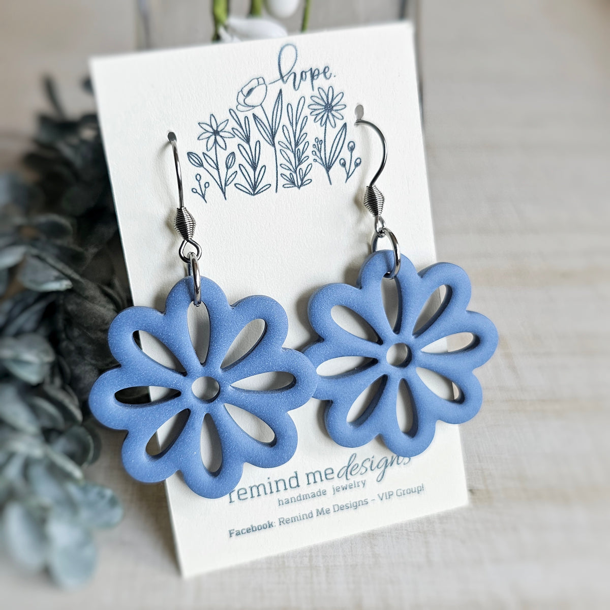 Dusty Blue Flower Clay Dangle Earrings