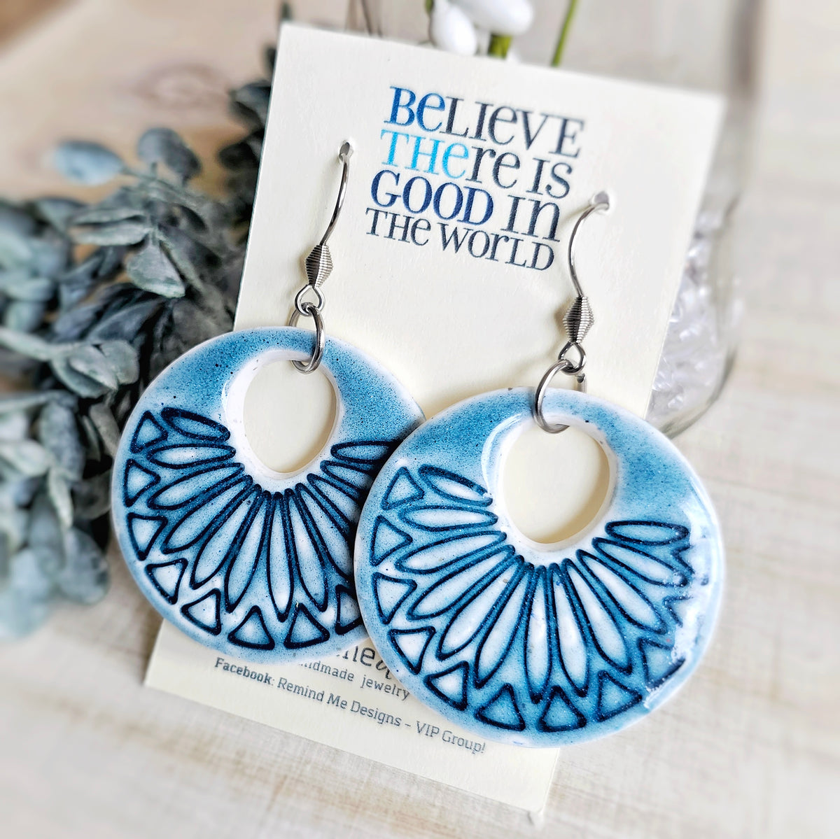 Blue and White Clay Dangle Earrings