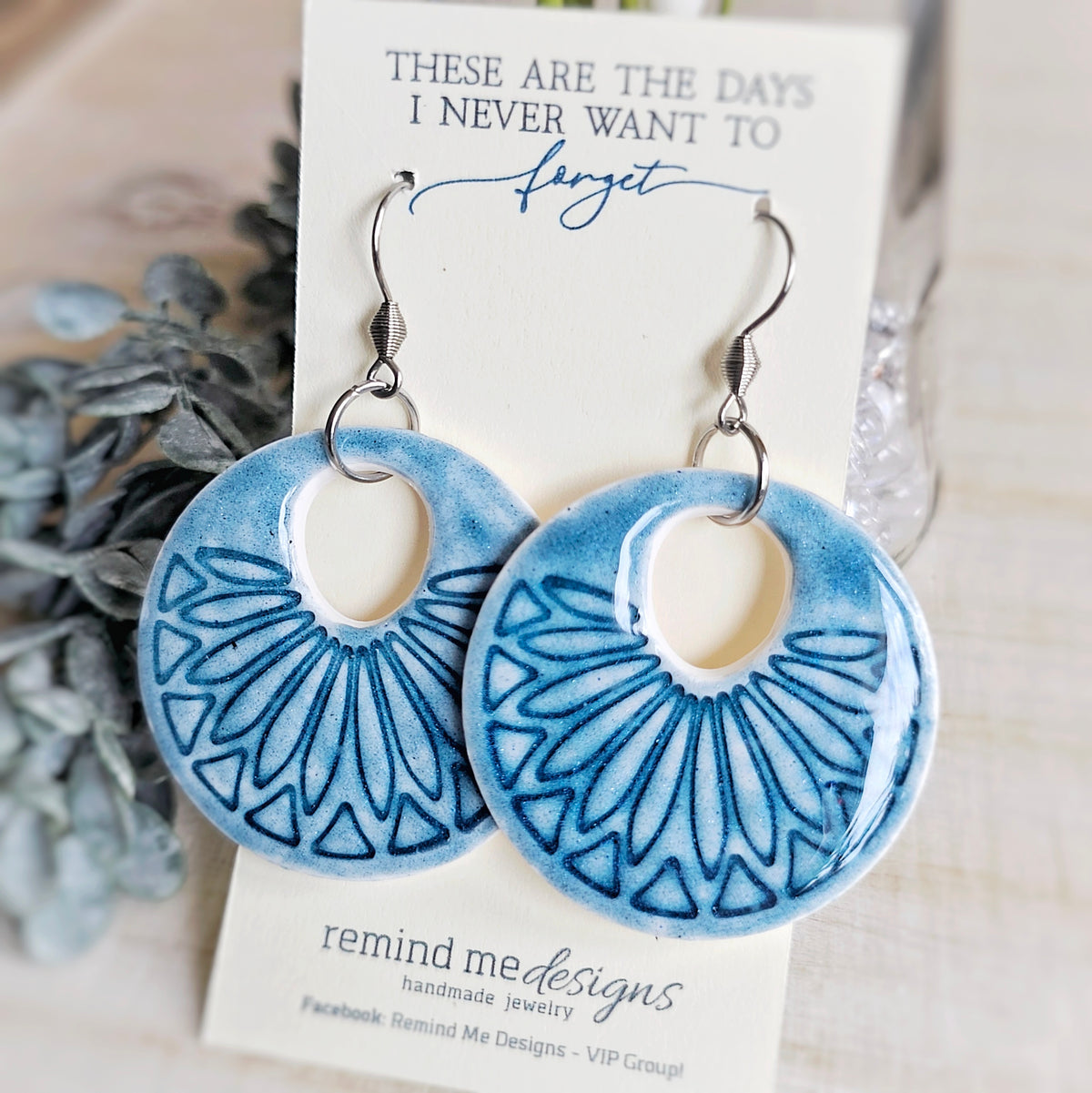 Blue and White Clay Dangle Earrings