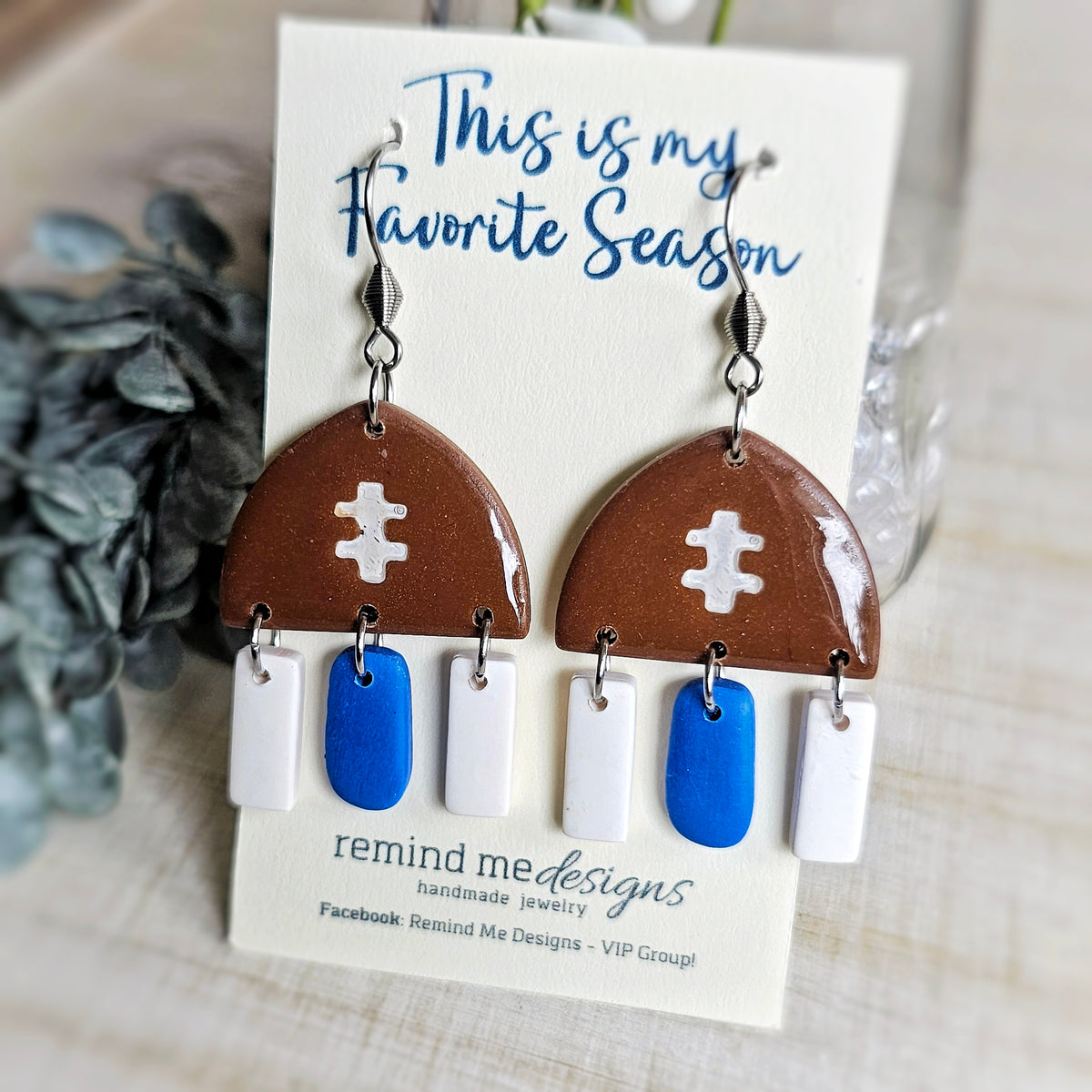Brown Football with Blue and White Clay Dangle Earrings