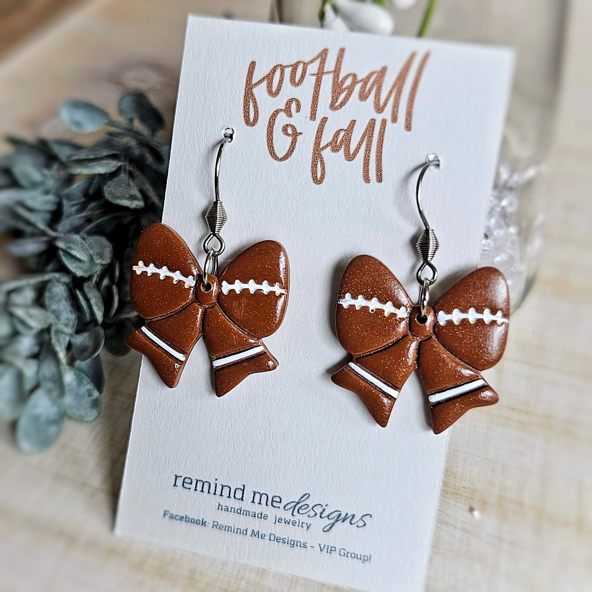 Brown Football Bow Clay Dangle Earrings