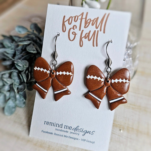 Brown Football Bow Clay Dangle Earrings