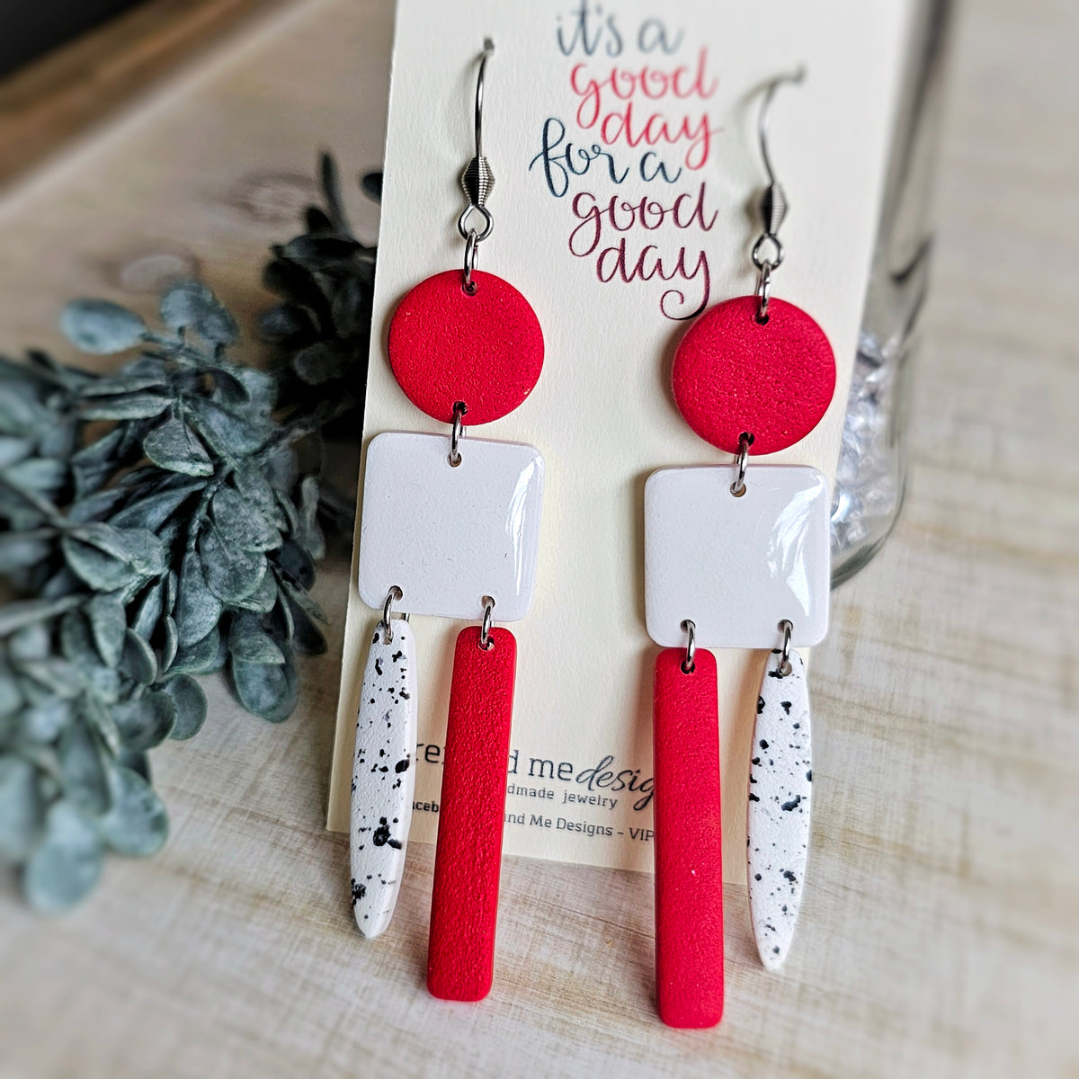 Red and White and Black Clay Dangle Earrings