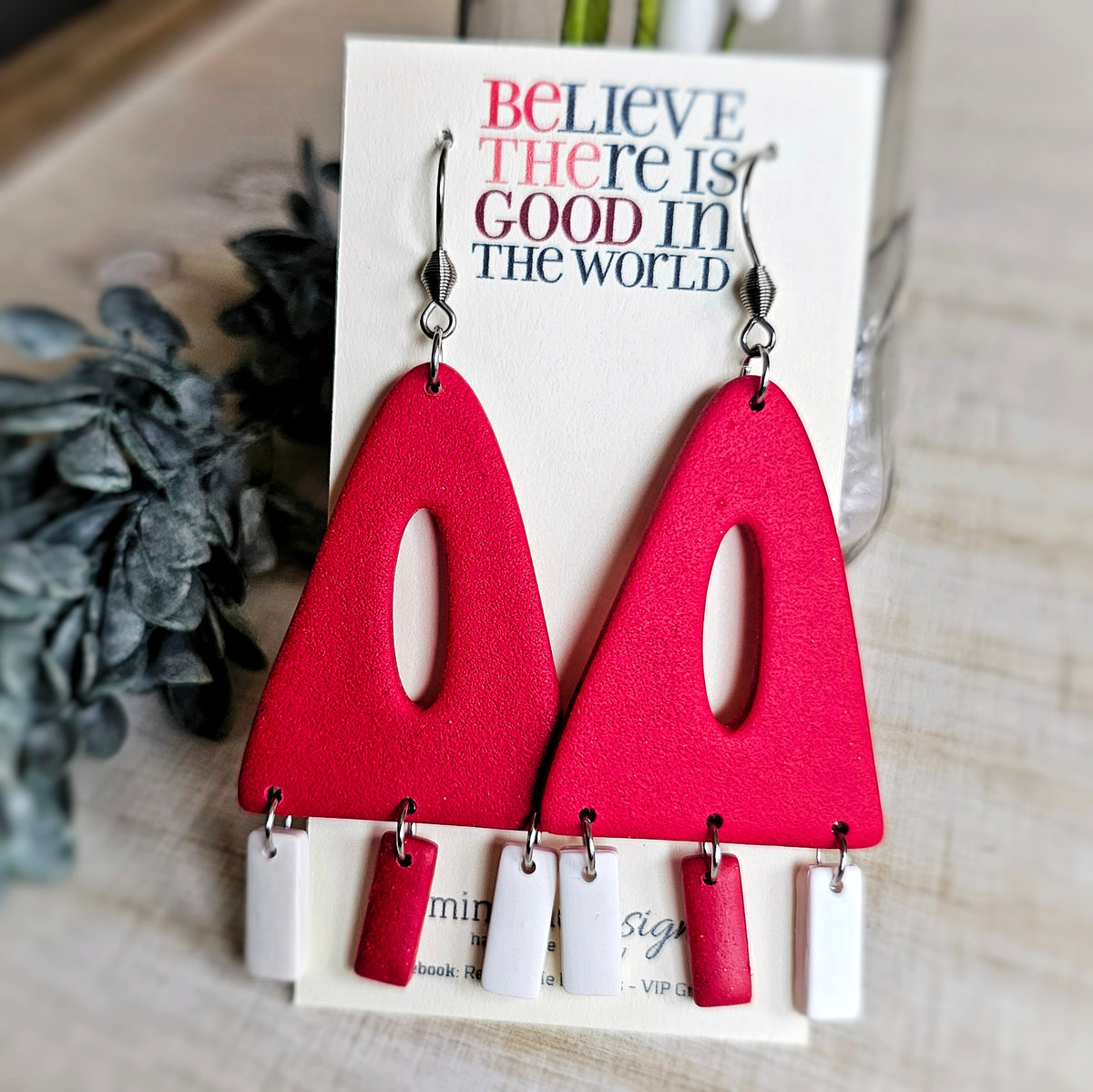Red and White Clay Dangle Earrings