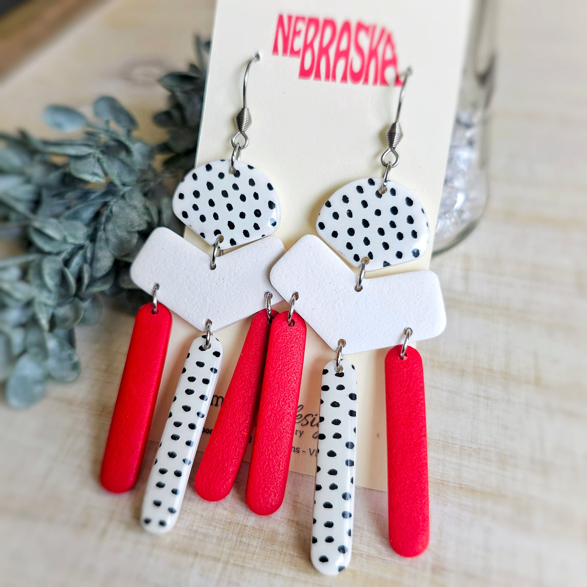 Red and White and Black Clay Dangle Earrings