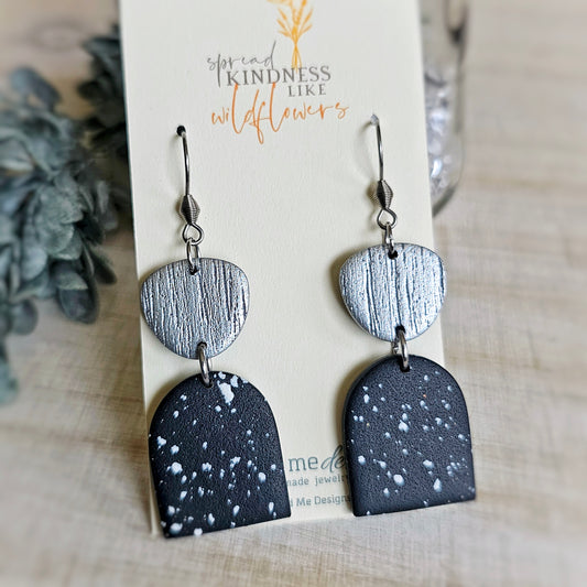 Silver White and Black Clay Dangle Earrings