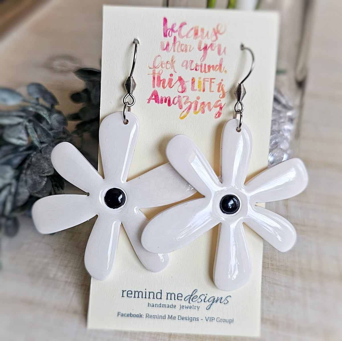 White Flower Clay Dangle Earrings
