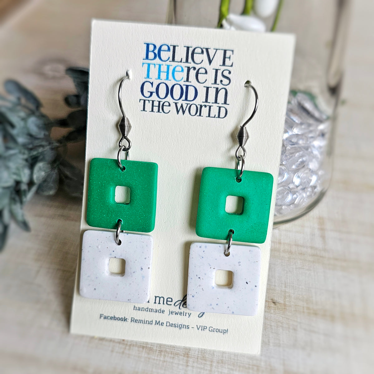 Green and White Granite Clay Dangles Earrings
