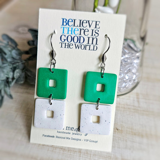Green and White Granite Clay Dangles Earrings