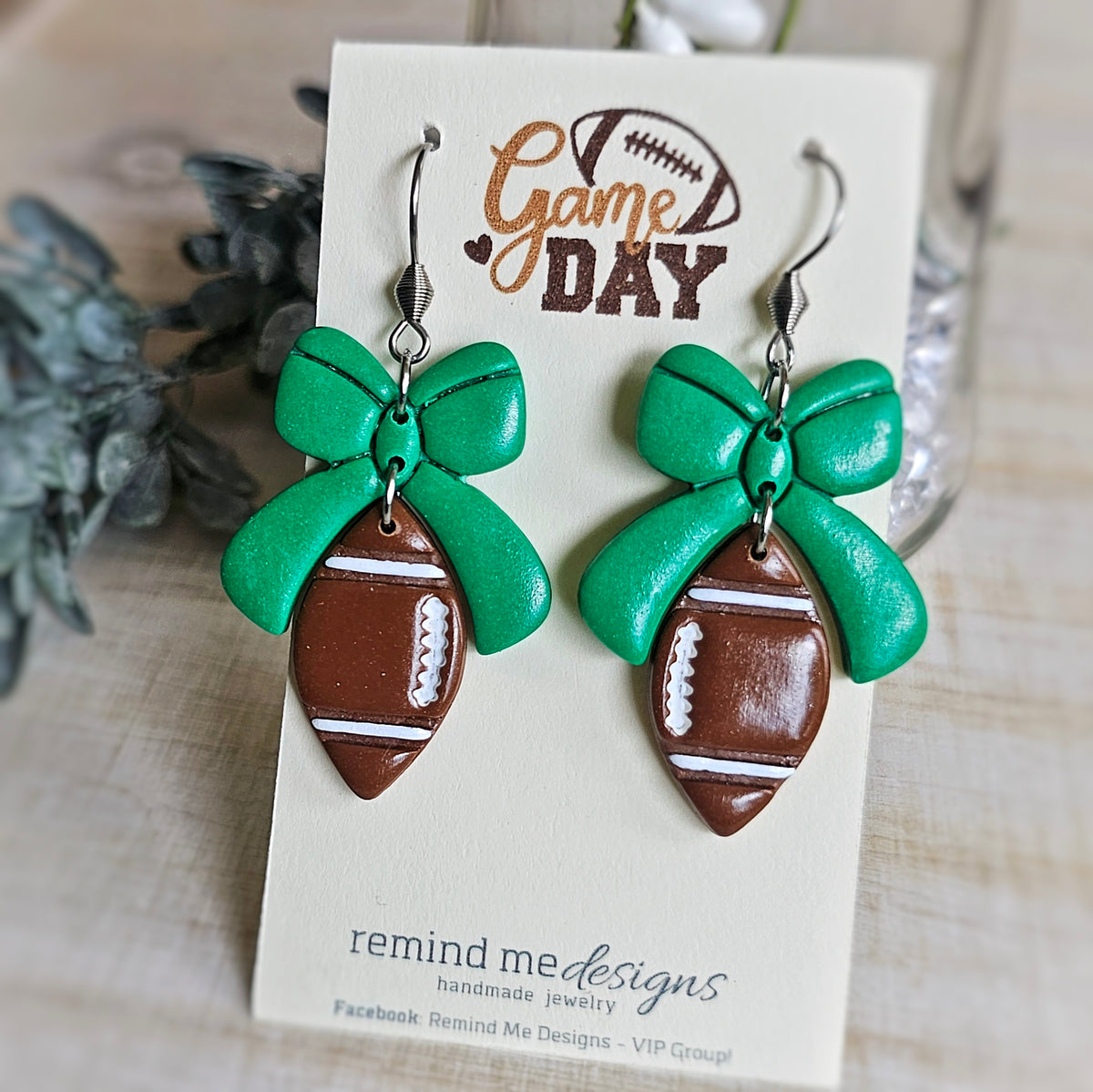 Green Football Clay Earrings