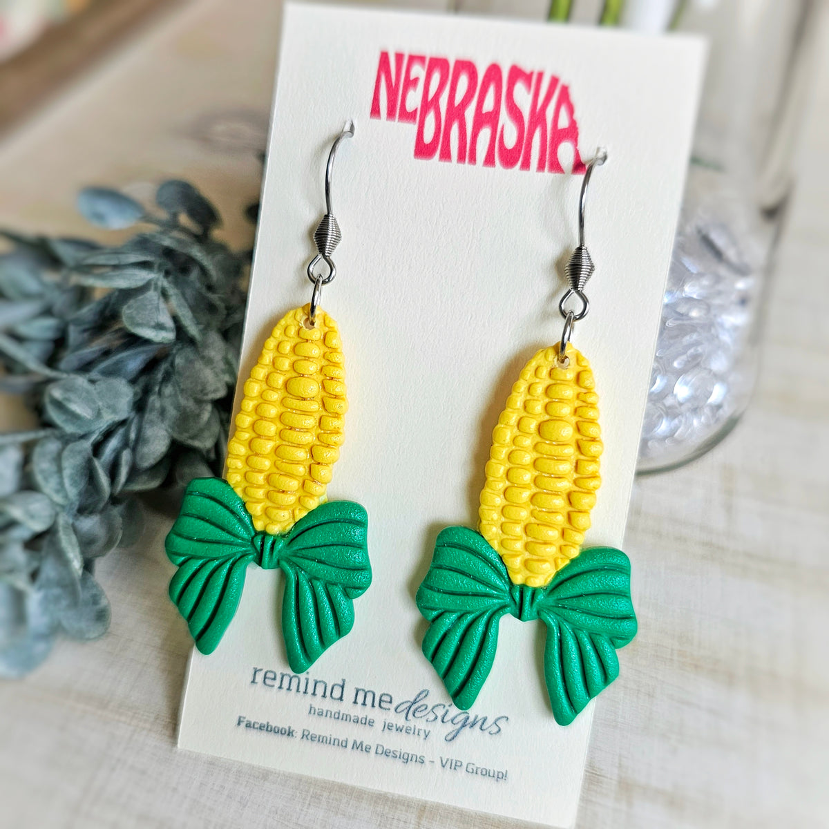 Nebraska Corn and Bow Clay Earrings