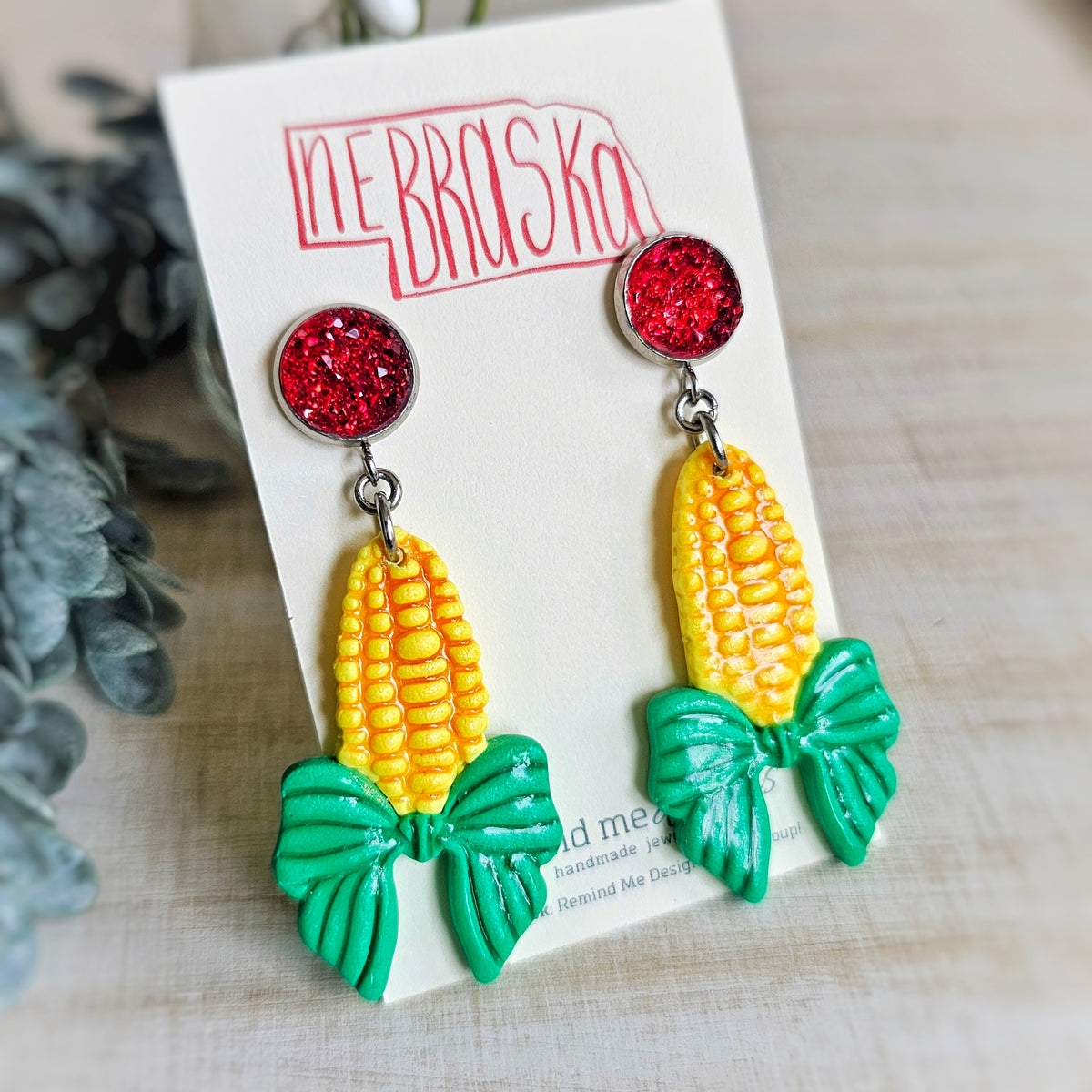 Red 10mm Druzy with Nebraska Corn and Bow Clay Earrings