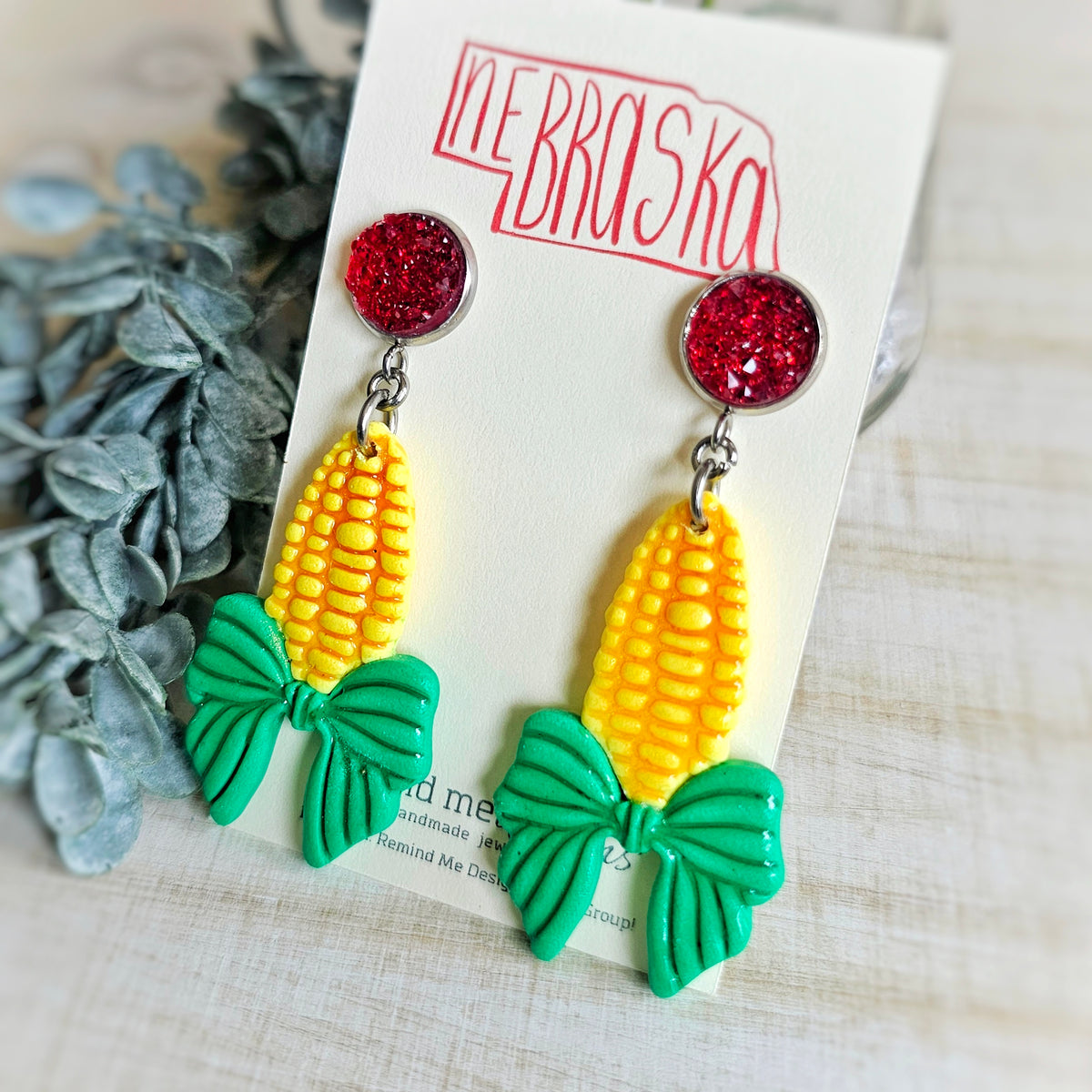 Red 10mm Druzy with Nebraska Corn and Bow Clay Earrings