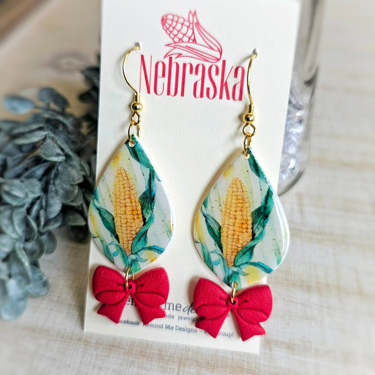 Nebraska Corn and Red Bows Clay Earrings