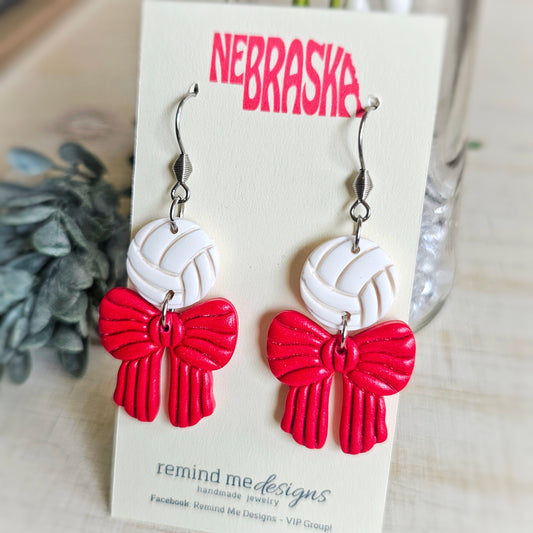 Volleyball with Red Bow Clay Dangle Earrings