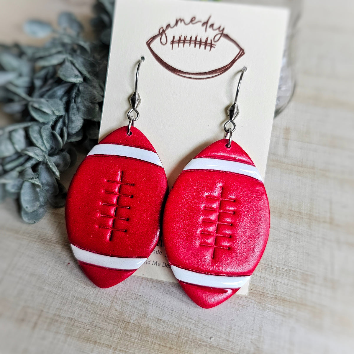 Red and White Football Clay Dangle Earrings