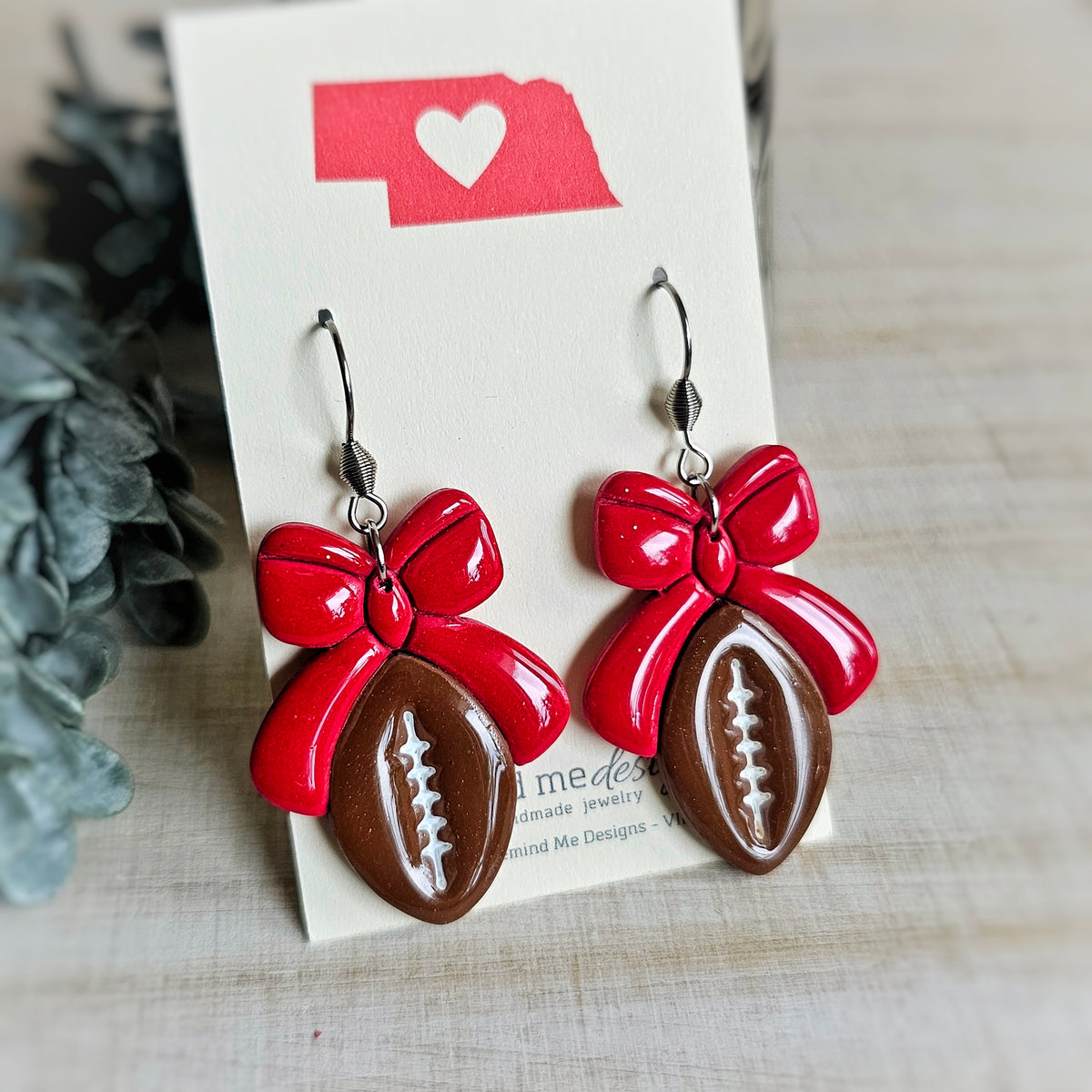 Brown Football with Red Bow Clay Dangle Earrings